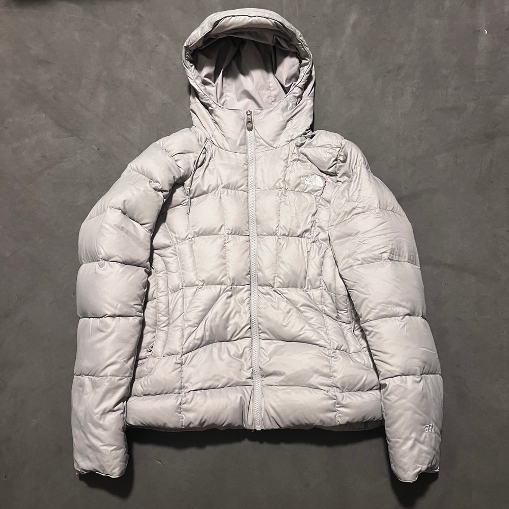 The North Face 550 Goose Down‎ Puffer Jacket Hooded Light Gray Womens Medium